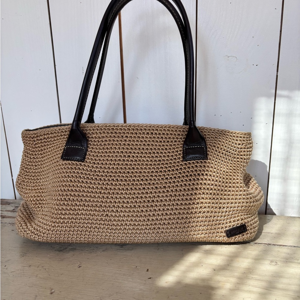 The Sak Beige Woven Shoulder Bag with Brown Handles - Picture 2 of 4